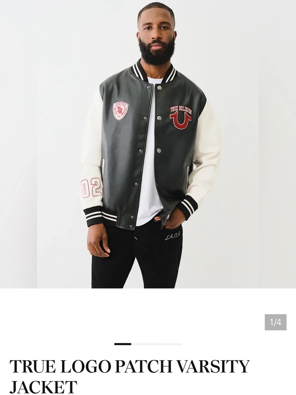 True Religion Black Body White Sleeve Logo Patch Varsity Jacket